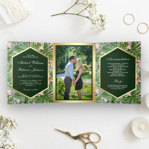 Faux Gold Foil Tropical Palm Leaves Photo Wedding Tri-Fold Invitation