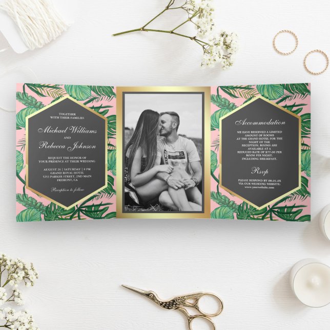 Faux Gold Foil Tropical Palm Leaves Photo Wedding Tri-Fold Invitation (Creator Uploaded)