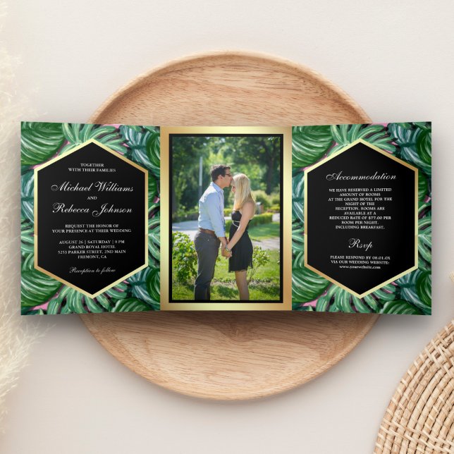 Faux Gold Foil Tropical Palm Leaves Photo Wedding Tri-Fold Invitation (Creator Uploaded)