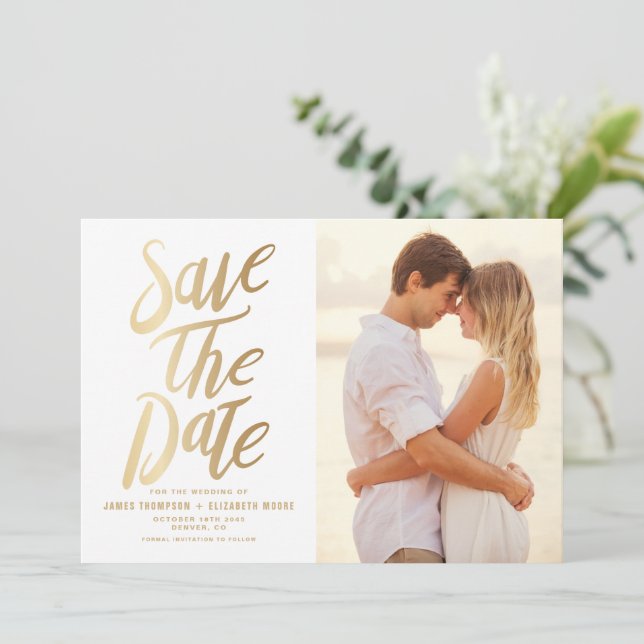 Faux Gold Foil Typorgraphy and Polka Dots Photo Save The Date (Standing Front)