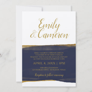 Faux Gold Foil Watercolor Strip Invitation   Navy