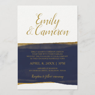 Faux Gold Foil Watercolor Strip Invitation Navy