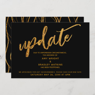 Faux Gold Foil Waves Postponed Wedding Black Card