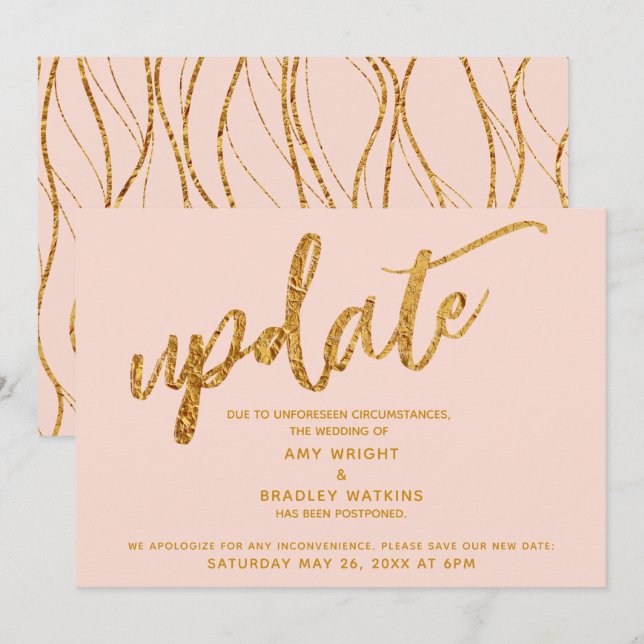 Faux Gold Foil Waves Postponed Wedding Blush Card (Front/Back)