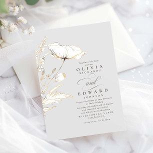 Faux Gold Foil Wildflowers Light Grey Wedding Invitation
