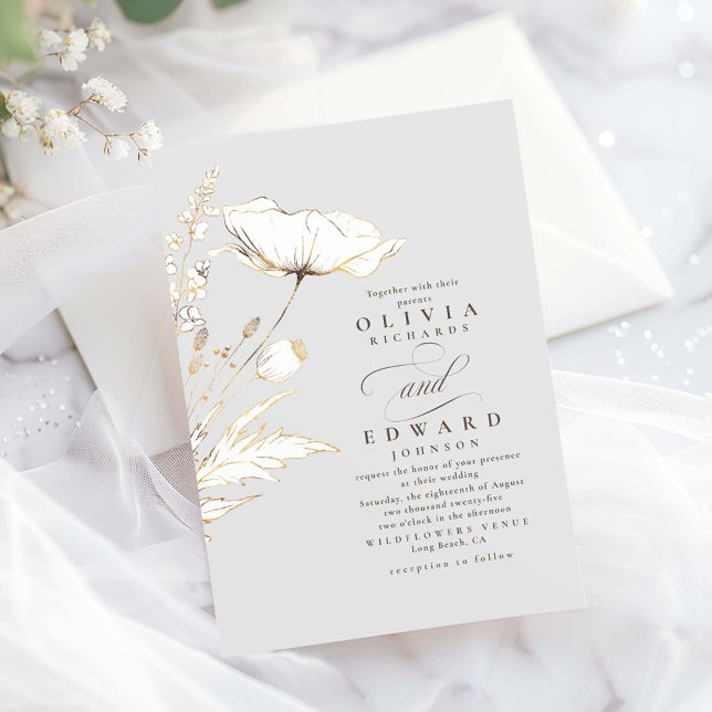 Faux Gold Foil Wildflowers Light Grey Wedding Invitation (Wildflowers Elegant Wedding Invitation)