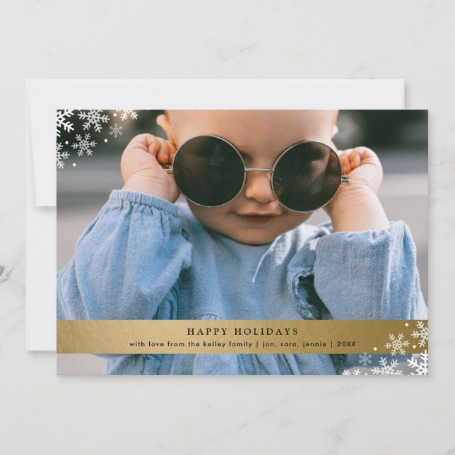 Faux Gold Foil with Snowflake Accents Photo Holiday Card (Front)