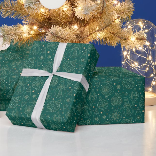 Faux Gold Foil Xmas Tree Decoration Pattern Green Wrapping Paper (Holidays)