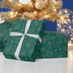 Faux Gold Foil Xmas Tree Decoration Pattern Green Wrapping Paper