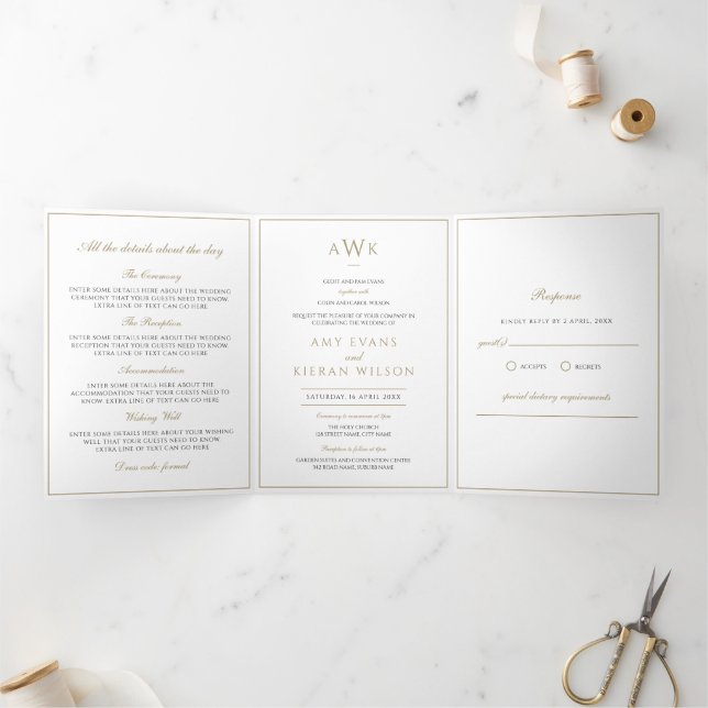 Faux Gold Formal Traditional Script Wedding Tri-Fold Invitation (Inside)
