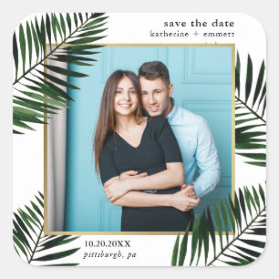 Faux Gold Frame and Palm Photo Save the Date Square Sticker