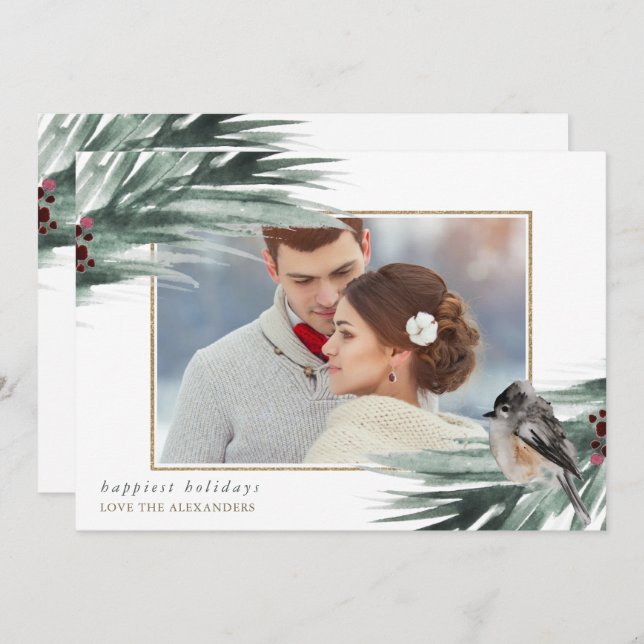 Faux Gold Frame Happy Holidays Winter Greenery Holiday Card (Front/Back)