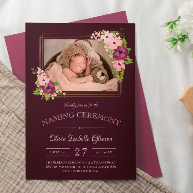 Faux Gold Frames Blush Burgundy Naming Ceremony Invitation (Creator Uploaded)