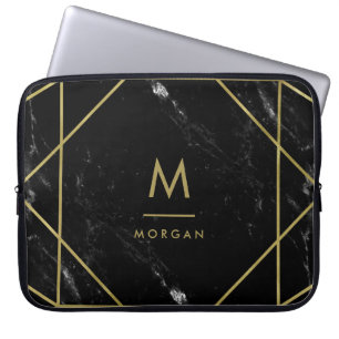 Faux Gold Geometric Design on Black Marble Look Laptop Sleeve
