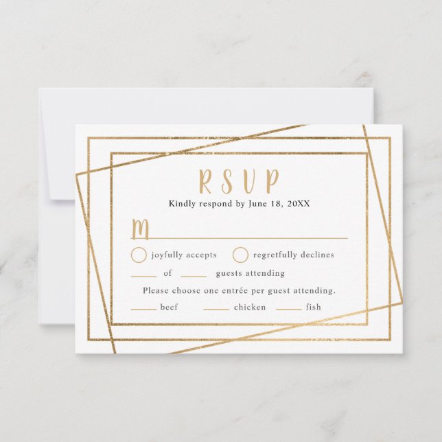 Faux Gold Geometric Frame Wedding RSVP + entrées (Front)