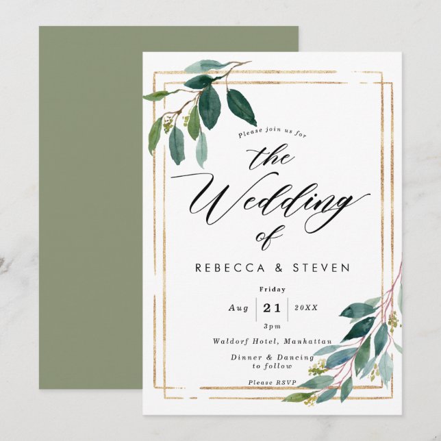 faux gold geometric greenery wedding invitation (Front/Back)