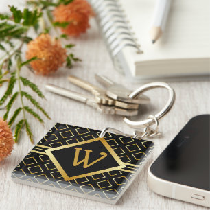 FAUX Gold Geometric Pattern INITIAL only on BLACK Key Ring