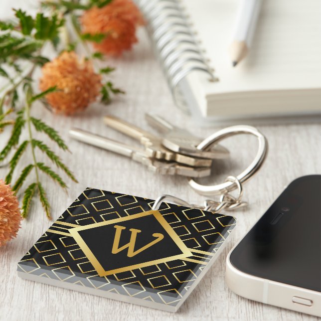 FAUX Gold Geometric Pattern  INITIAL only on BLACK Key Ring (Front Right)