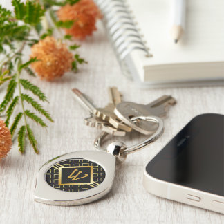 FAUX Gold Geometric Pattern INITIAL only on BLACK Key Ring