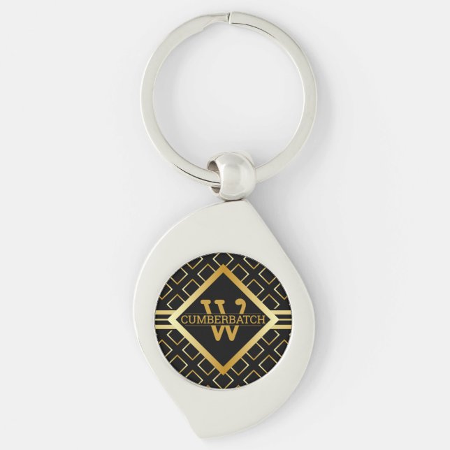 FAUX Gold Geometric Pattern MONOGRAM on BLACK Key Ring (Front)
