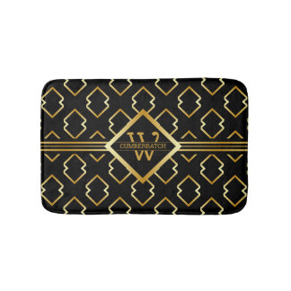 FAUX Gold Geometric Pattern with Monogram on BLACK Bath Mat