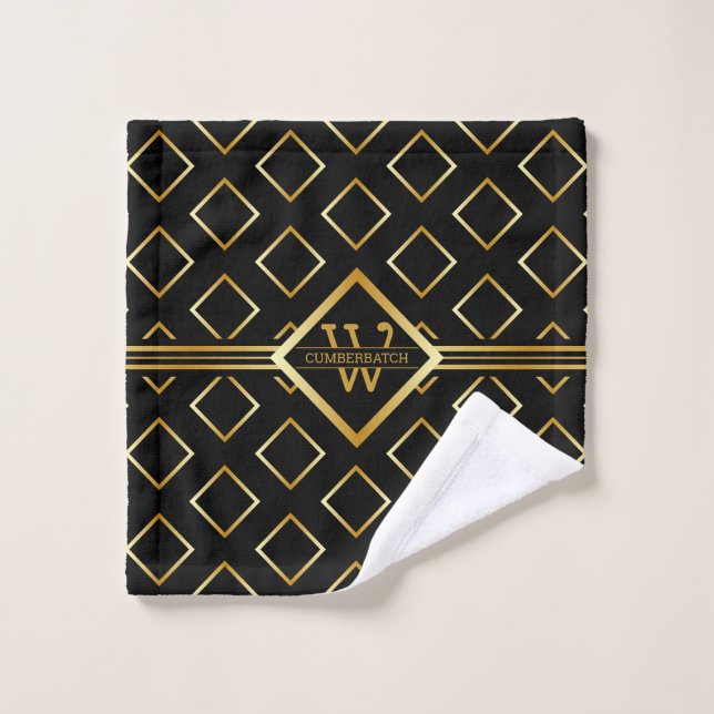 FAUX Gold Geometric Pattern with Monogram on BLACK Bath Towel Set (Wash Cloth)