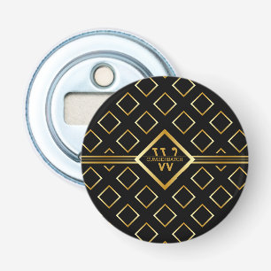 FAUX Gold Geometric Pattern with Monogram on BLACK Bottle Opener