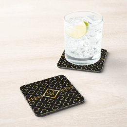 FAUX Gold Geometric Pattern with Monogram on BLACK Coaster