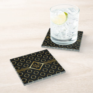 FAUX Gold Geometric Pattern with Monogram on BLACK Glass Coaster