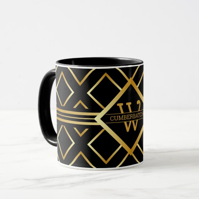 FAUX Gold Geometric Pattern with Monogram on BLACK Mug (Front Left)