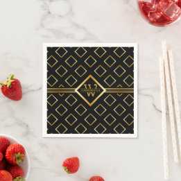 FAUX Gold Geometric Pattern with Monogram on BLACK Napkin