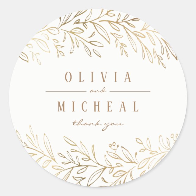 Faux gold gilded botanical foliage elegant wedding classic round sticker (Front)
