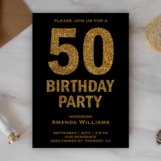 Faux Gold Glitter 50th Birthday Party Invitation (Creator Uploaded)