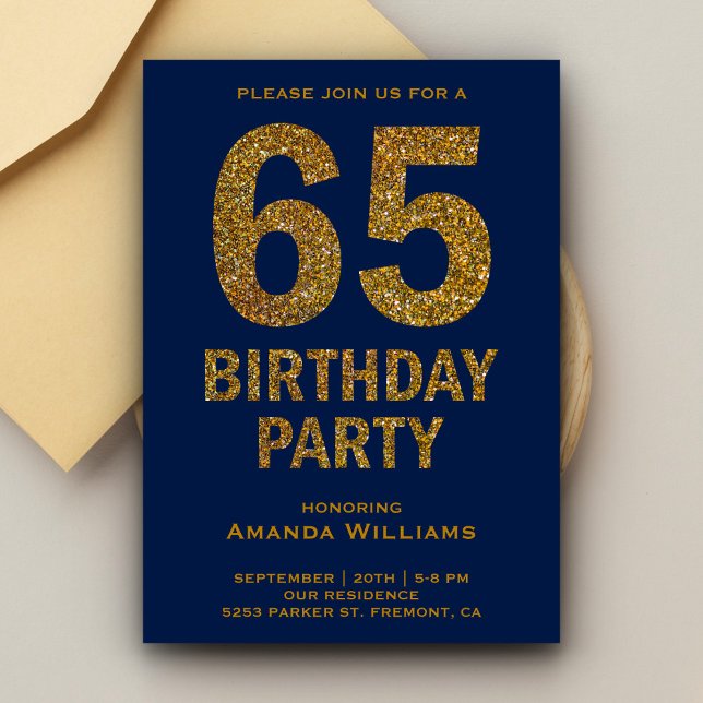 Faux Gold Glitter 65th Birthday Party Invitation (Creator Uploaded)