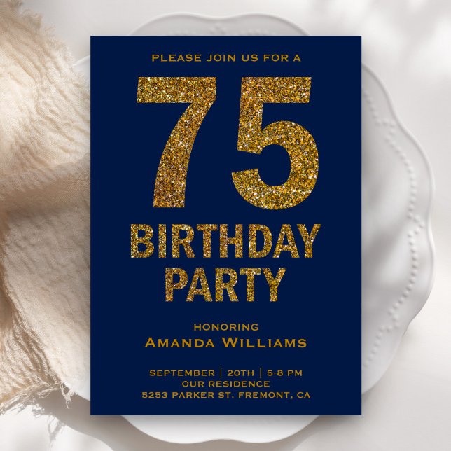 Faux Gold Glitter 75th Birthday Party Invitation (Creator Uploaded)