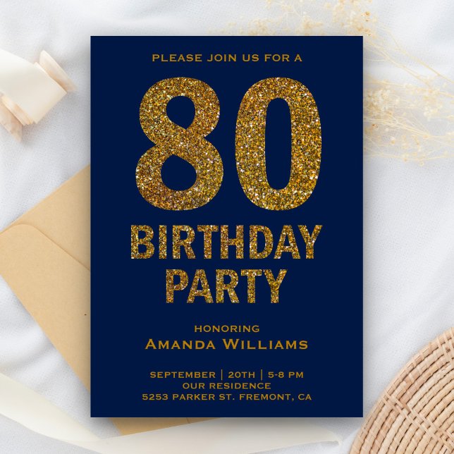 Faux Gold Glitter 80th Birthday Party Invitation (Creator Uploaded)