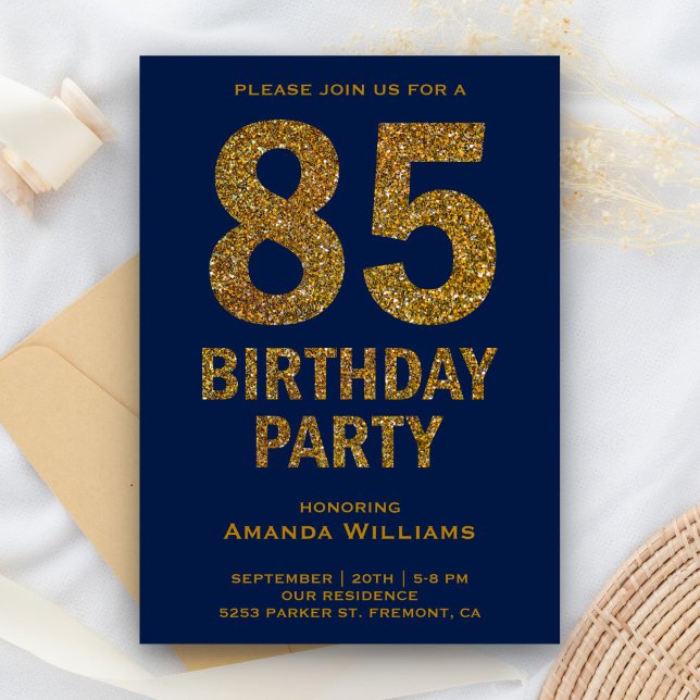 Faux Gold Glitter 85th Birthday Party Invitation (Creator Uploaded)