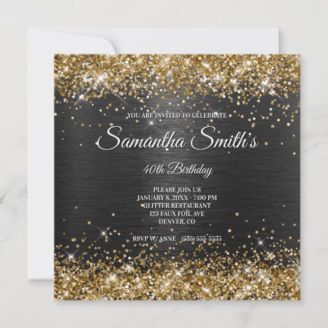 Faux Gold Glitter and Black Foil 40th Birthday Invitation (Front)