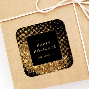 Faux Gold Glitter and Black Happy Holidays Square Sticker