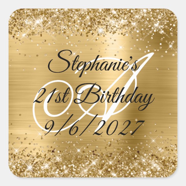 Faux Gold Glitter and Foil 21st Birthday Square Sticker (Front)