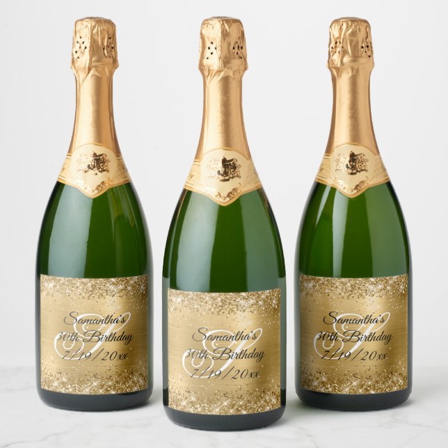 Faux Gold Glitter and Foil 30th Birthday Sparkling Wine Label (Bottles)