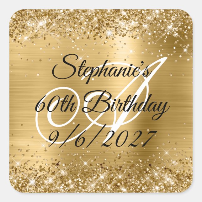 Faux Gold Glitter and Foil 60th Birthday Square Sticker (Front)