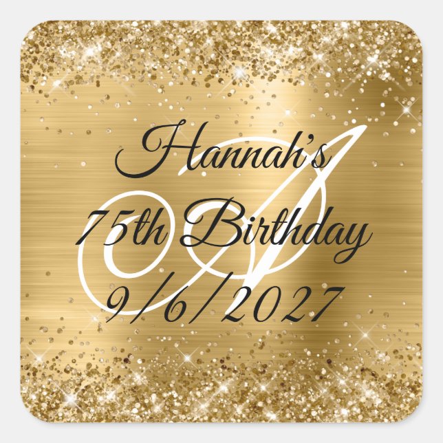 Faux Gold Glitter and Foil 75th Birthday Square Sticker (Front)