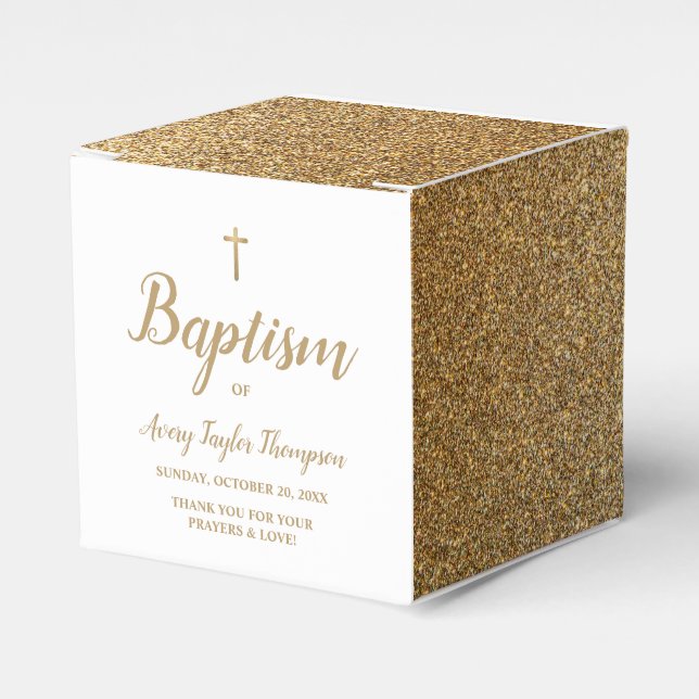 Faux Gold Glitter Baptism with Cross Personalized Favour Box (Front Side)