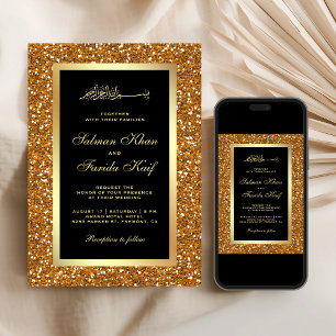 Faux Gold Glitter Black Islamic Muslim Wedding Invitation