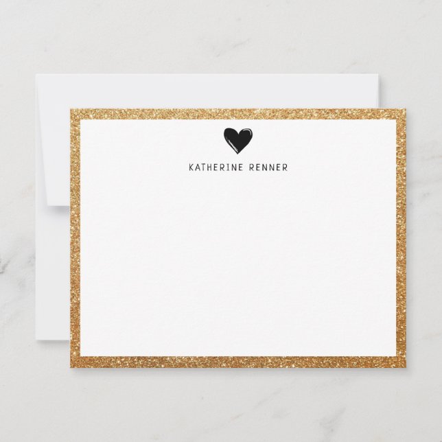 Faux Gold Glitter Border Heart Personalised Thank You Card (Front)