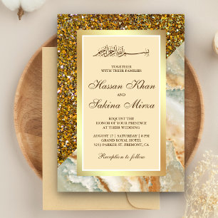 Faux Gold Glitter Brown Marble Muslim Wedding Invitation