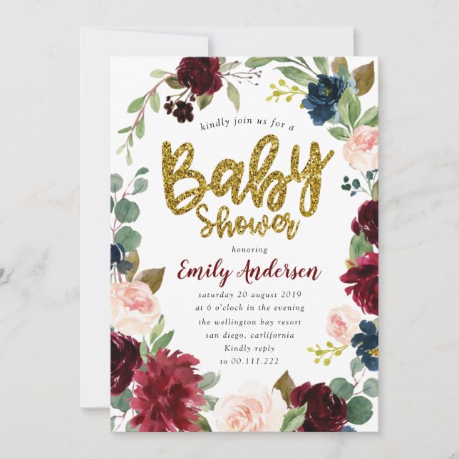 Faux Gold glitter burgundy floral baby shower Invitation (Front)