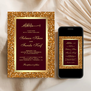 Faux Gold Glitter Burgundy Islamic Muslim Wedding Invitation
