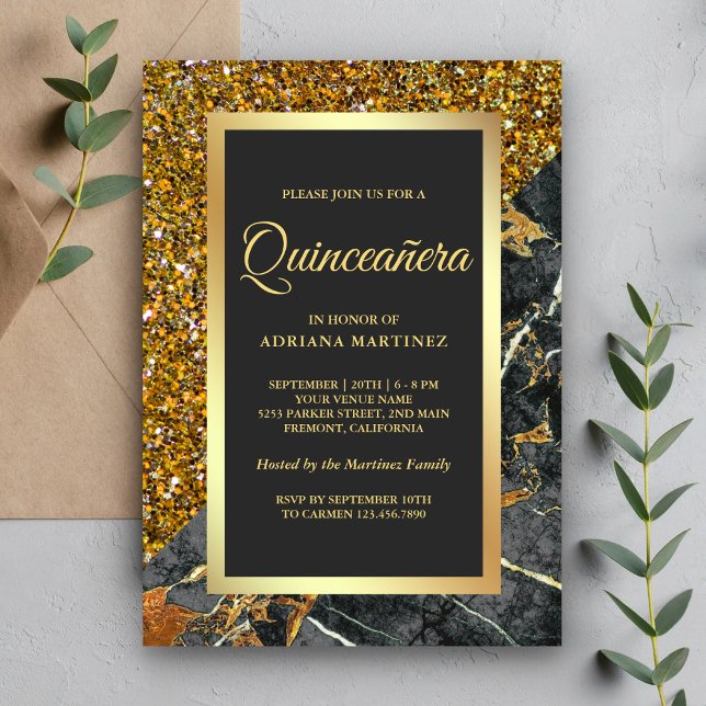 Faux Gold Glitter Charcoal Grey Marble Quinceanera Invitation (Creator Uploaded)